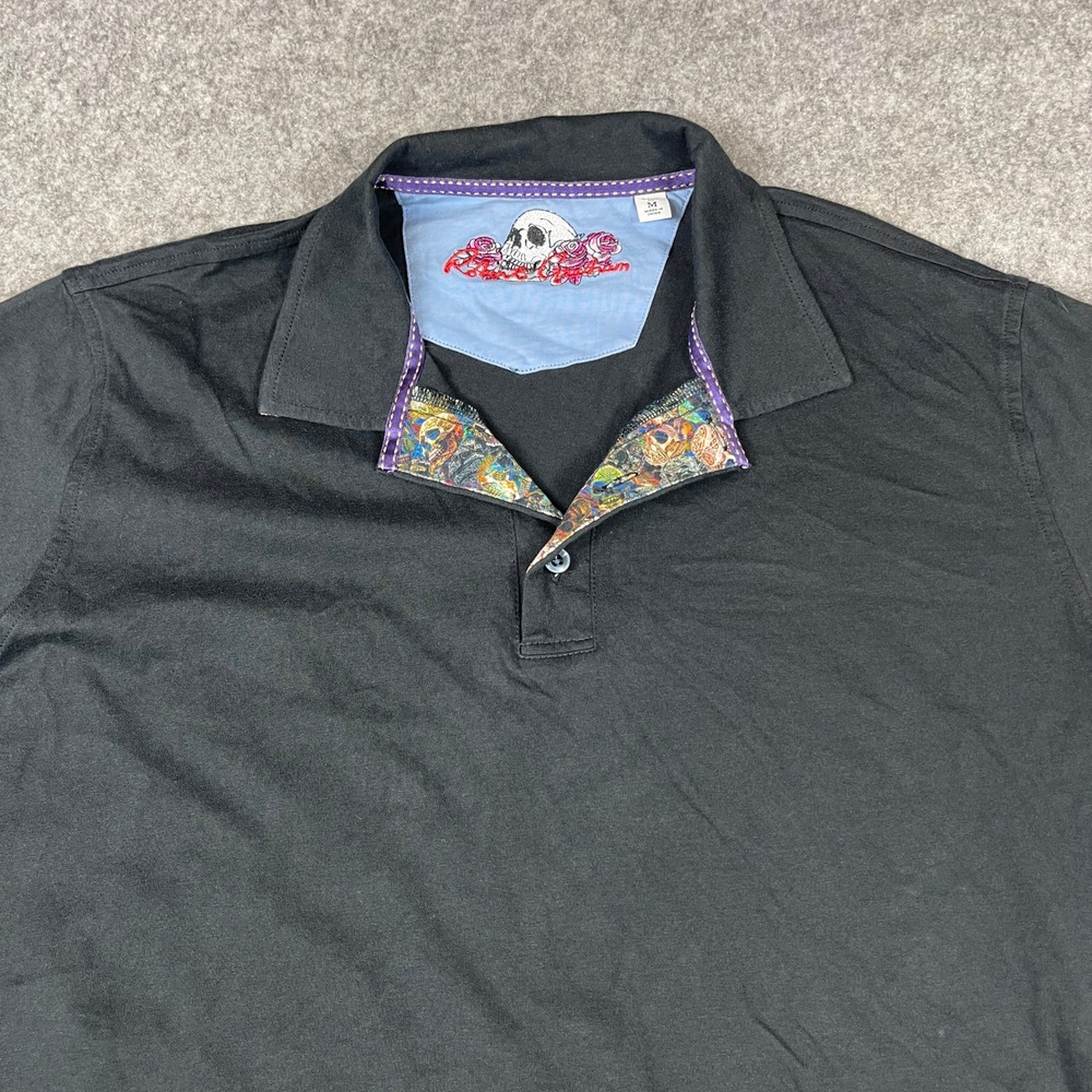 Robert Graham Mens Black Skull Roses Polo Shirt Classic Fit Cotton Size Medium